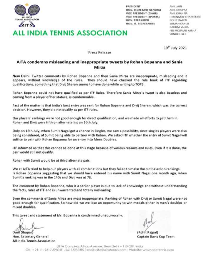 Tokyo Olympics: AITA condemns misleading and inappropriate tweets by Rohan Bopanna and Sania Mirza