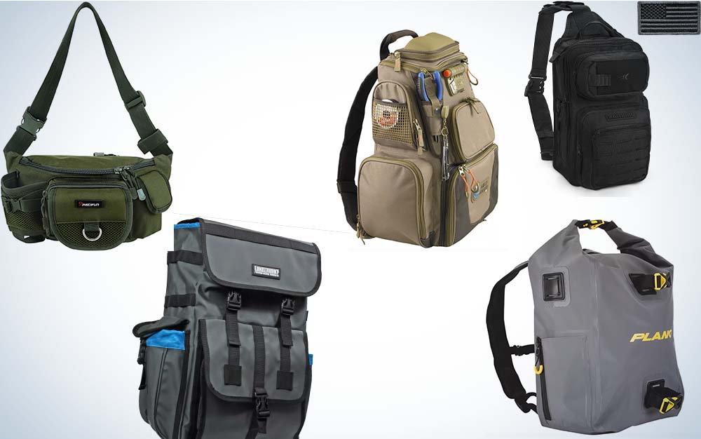 A collage of various fishing backpacks