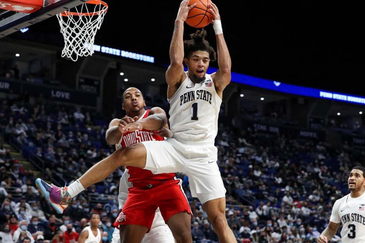Penn State Nittany Lions forward Seth Lundy (1) grabs the rebound during the second half against the Ohio State Buckeyes at Bryce Jordan Center.