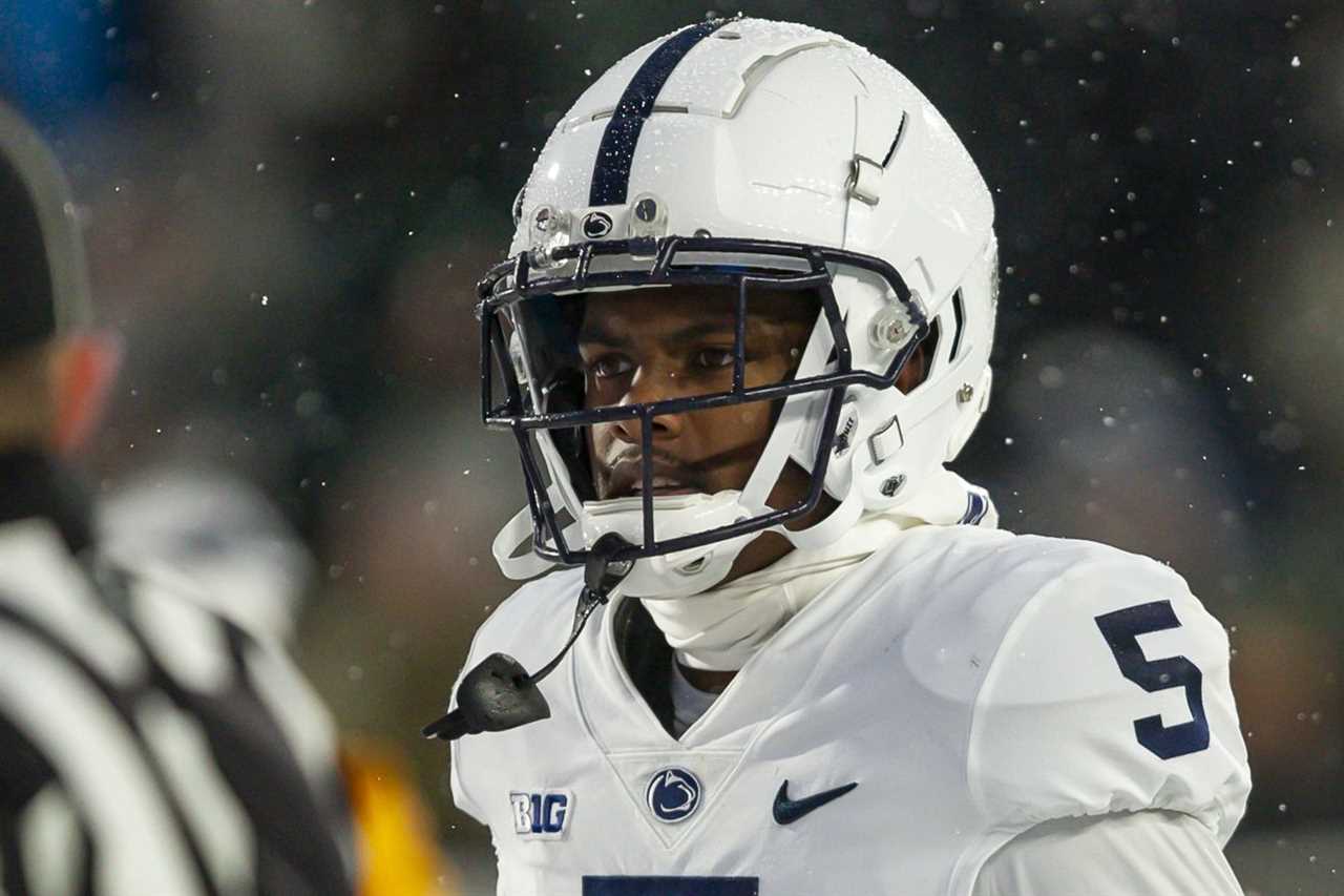 Penn State Nittany Lions wide receiver Jahan Dotson (5) walks off the field during halftime against the Michigan State Spartans at Spartan Stadium.