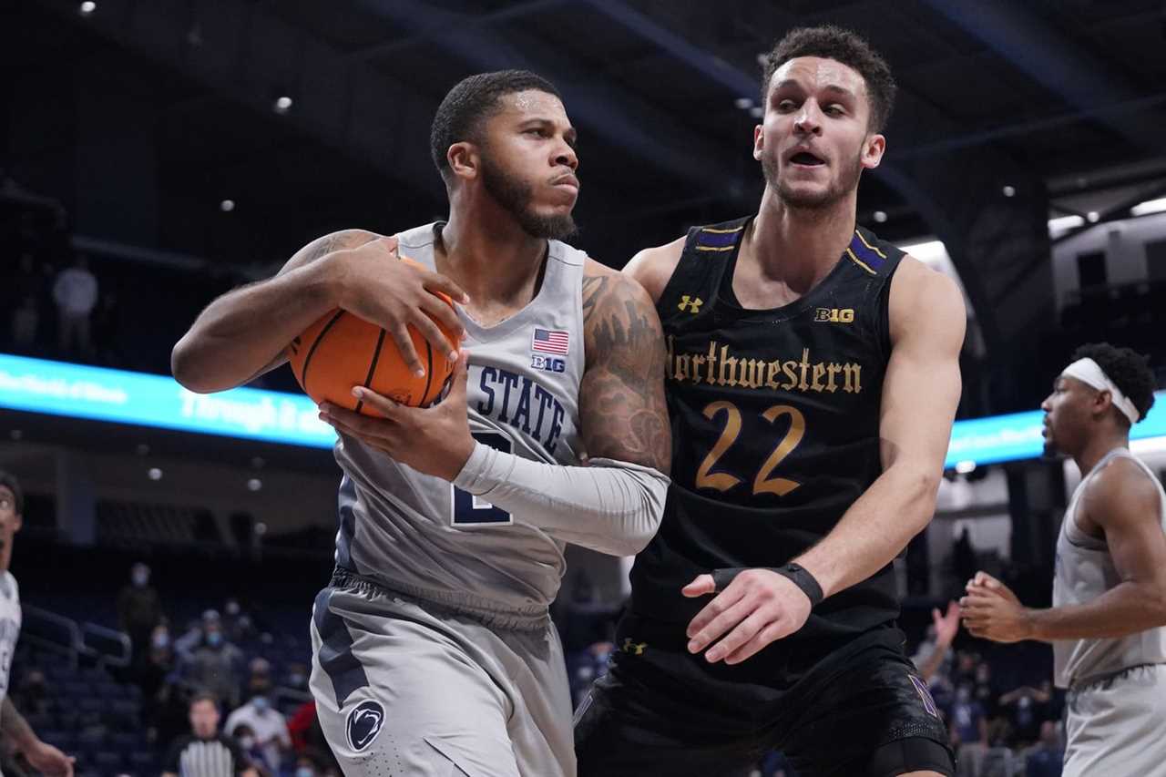 Evanston, Illinois, USA; Northwestern Wildcats forward Pete Nance (22) defends Penn State Nittany Lions guard Myles Dread (2) during the second half at Welsh-Ryan Arena.