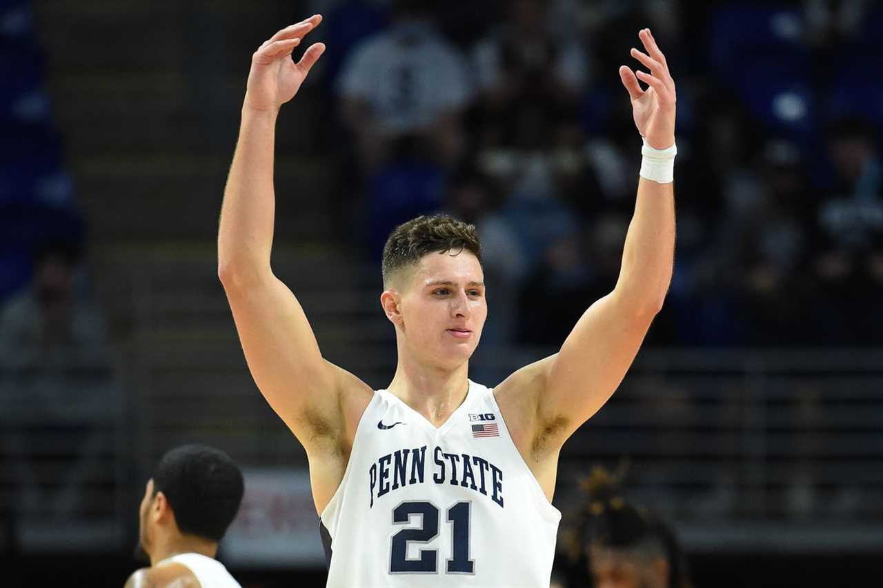 Penn State Nittany Lions forward John Harrar (21) gestures to the fans against the Youngstown State Penguins during the second half at the Bryce Jordan Center.