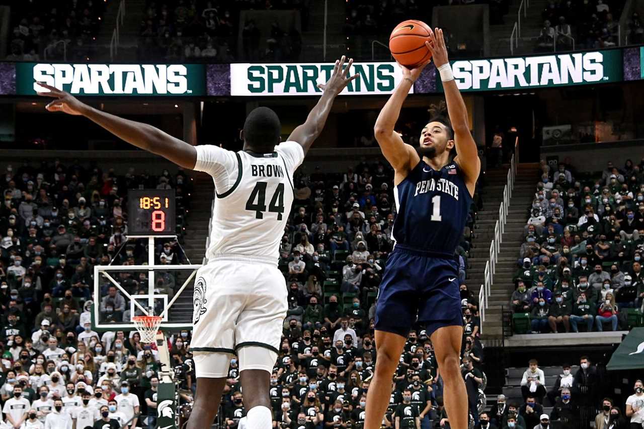 Penn State Nittany Lions forward Seth Lundy (1) shoots over Michigan State Spartans forward Gabe Brown (44) in the first half at Jack Breslin Student Events Center.