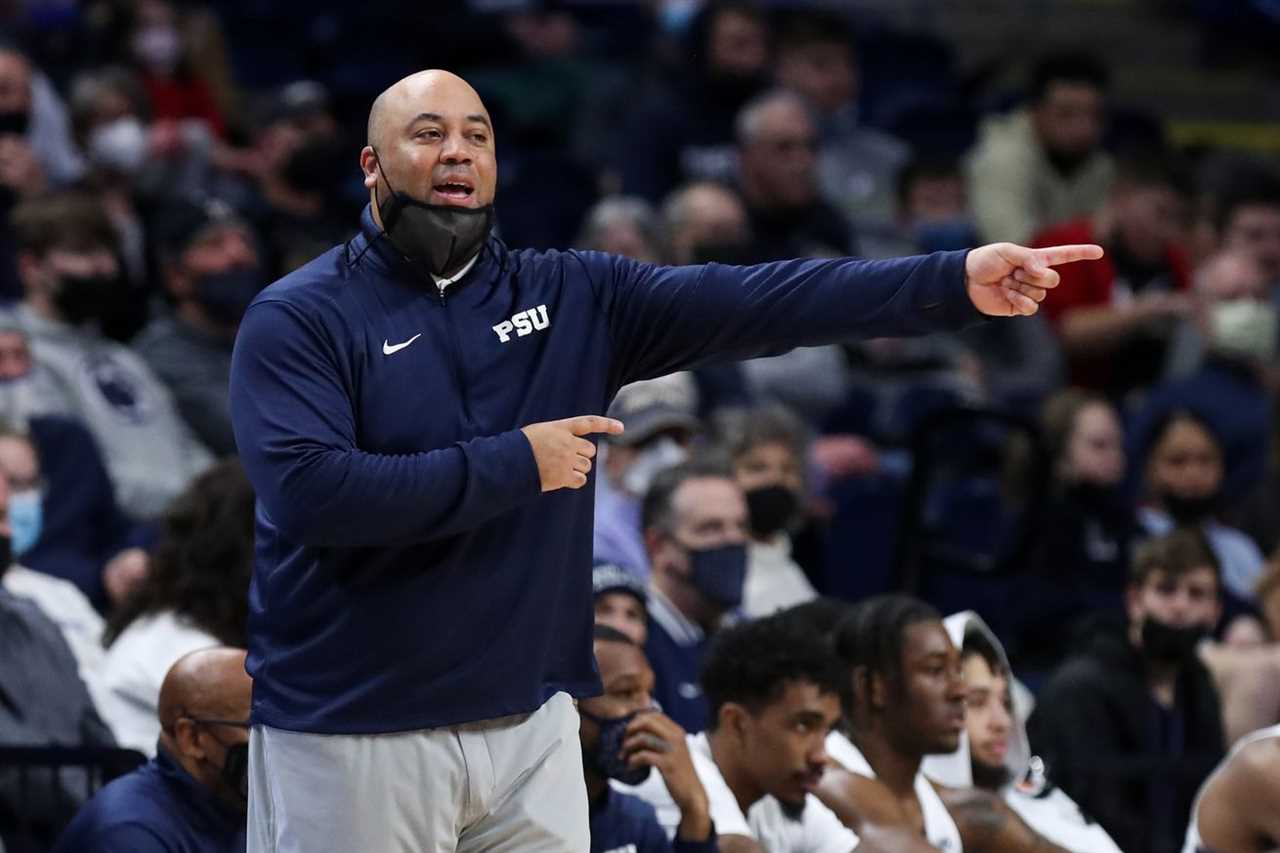 Penn State Nittany Lions head coach Micah Shrewsberry gestures from the bench during the second half against the Minnesota Golden Gophers at Bryce Jordan Center.