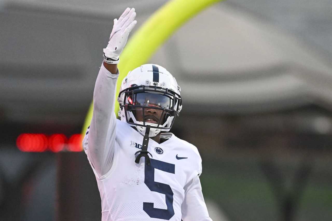 Penn State Nittany Lions wide receiver Jahan Dotson (5) reacts after a second half touchdown reception against the Maryland Terrapins at Capital One Field at Maryland Stadium.