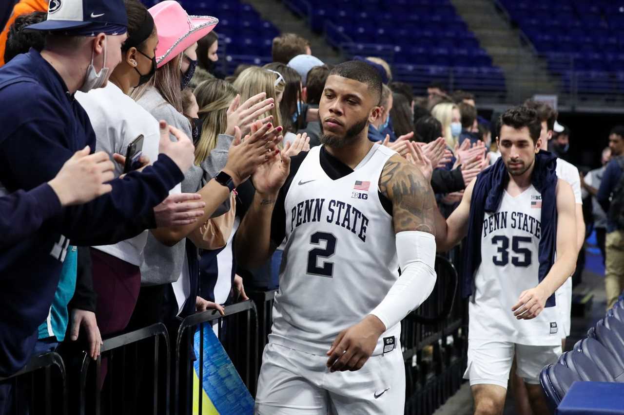 Penn State Nittany Lions guard Myles Dread (2) shakes the hands of the Penn State students following the completion of the game against the Nebraska Cornhuskers at Bryce Jordan Center.