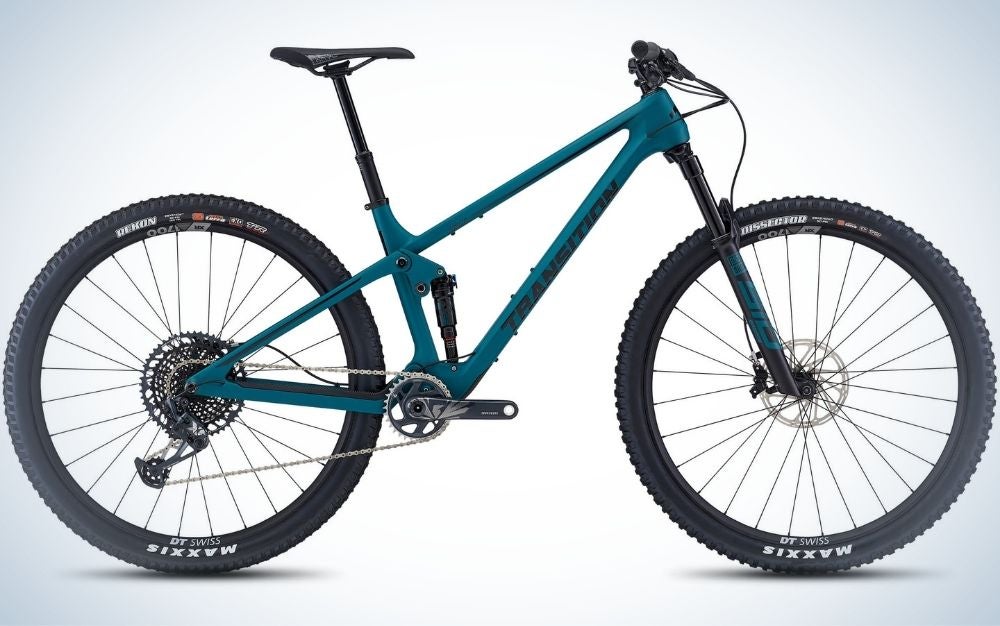 A teal best mountain bike with black wheels