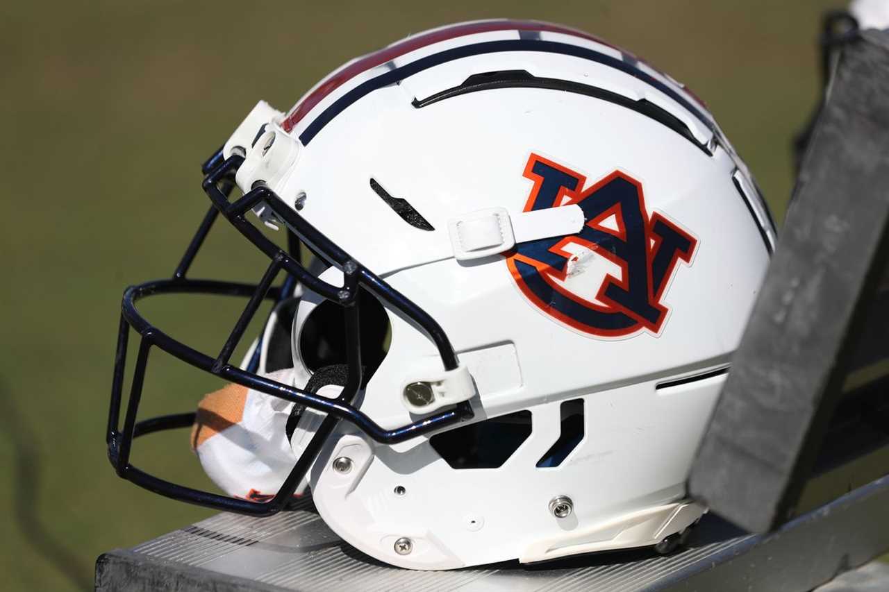 An Auburn helmet rests on a team bench during the Hula Bowl college football game on Saturday, January 15, 2022 at the UCF Bounce House Stadium in Orlando, FL