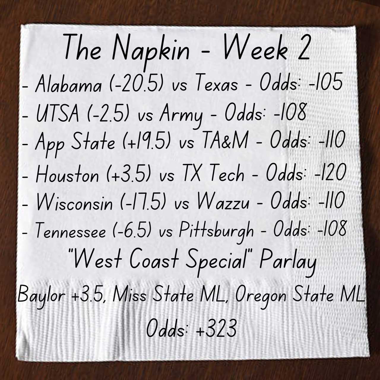 The Napkin: Week 2 betting recap includes an apology to the Texas Longhorns