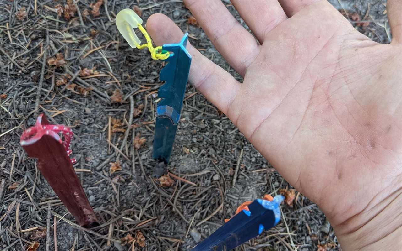 Y-shaped tent stakes have excellent staying power, but are pretty uncomfortable to press into the ground with your hand. 