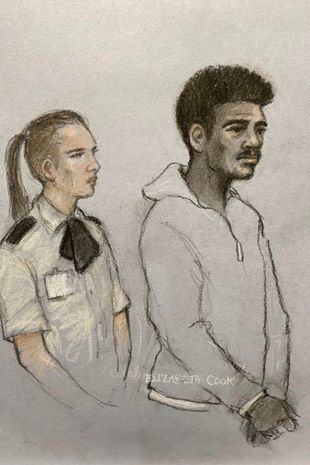 A sketch of Mason Greenwood in the dock at Manchester Magistrates Court on Monday morning