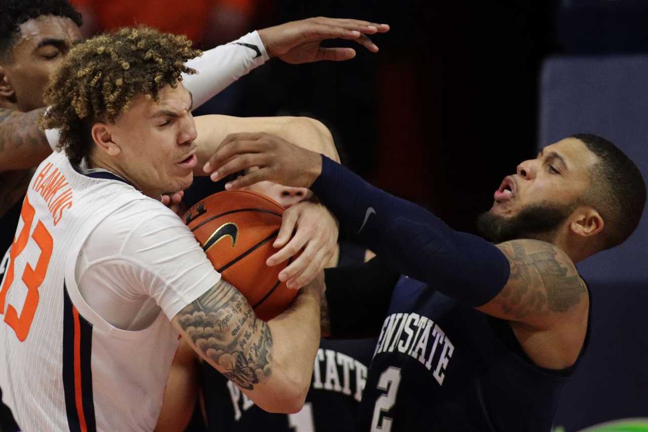 Mar 3, 2022; Champaign, Illinois, USA; Illinois Fighting Illini forward Coleman Hawkins (33) and Penn State Nittany Lions guard Myles Dread (2) wrestle for the ball during the second half at State Farm Center.