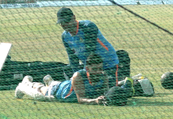 Virat Kohli takes treatment of his upper back while batting at the nets ahead of first test | BANvIND