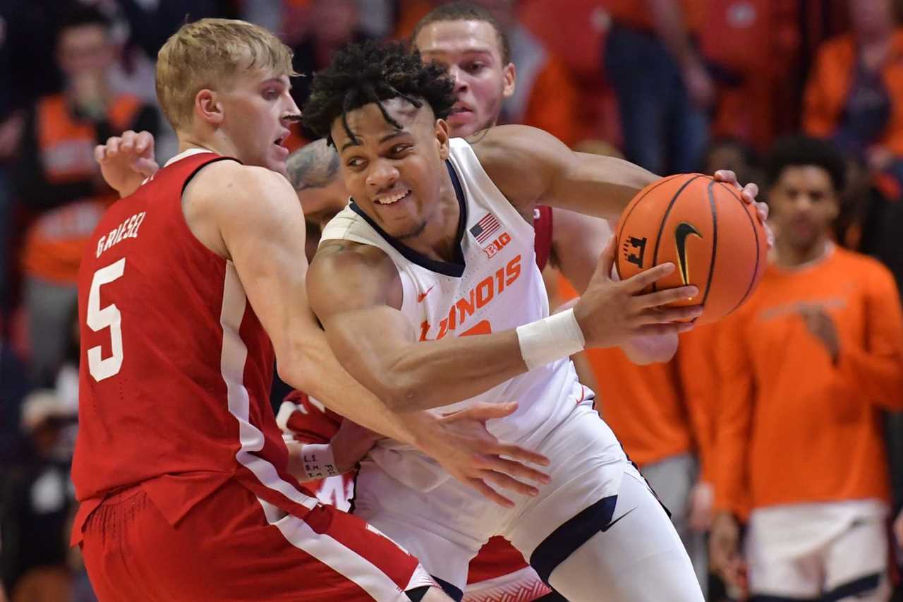 Jan 31, 2023; Champaign, Illinois, USA; Nebraska Cornhuskers guard Sam Griesel (5) pressures Illinois Fighting Illini guard Terrence Shannon Jr. (0) during the second half at State Farm Center.