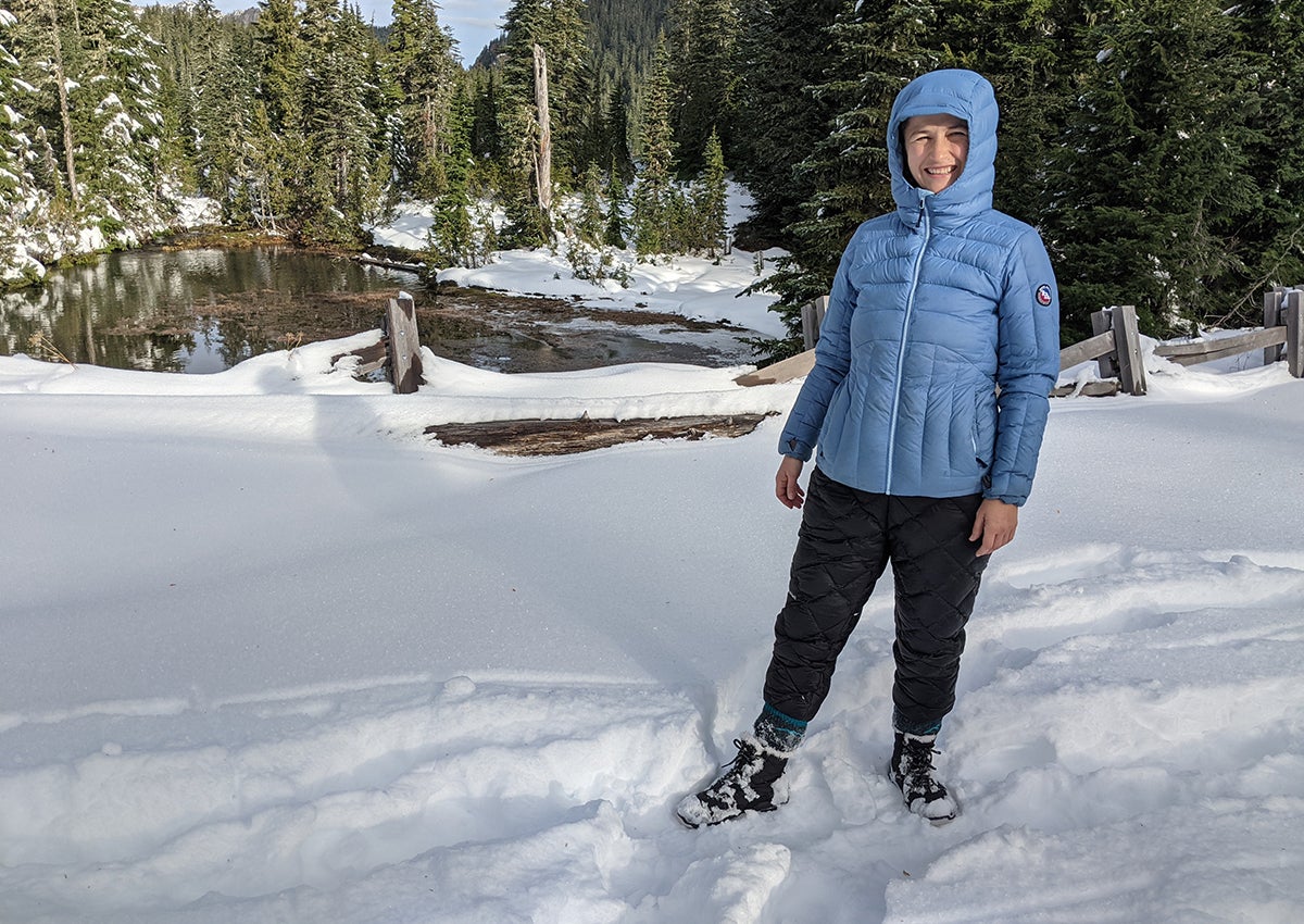 Author wears one of the best hiking jackets in the snow.