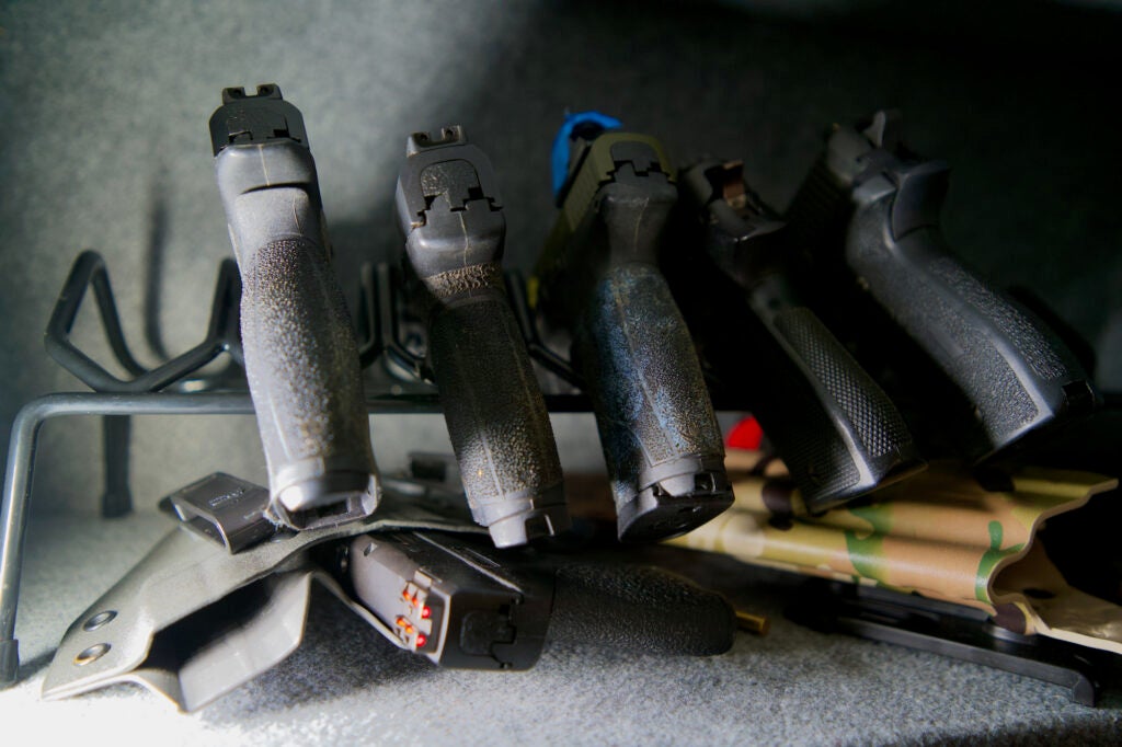 A row of handguns in the best gun safe