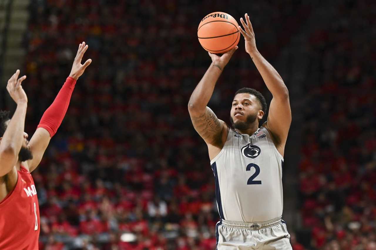 Feb 11, 2023; College Park, Maryland, USA; Penn State Nittany Lions guard Myles Dread (2) shoots a three point shot against the Maryland Terrapins at Xfinity Center.