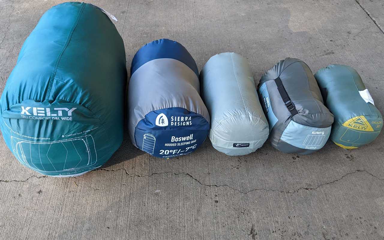 One major selling point of the Galactic 30 (far right) is its exceptionally small packed size. Also featured are the Kelty Tru Comfort Doublewide, Sierra Designs Boswell, Stone Glacier Chilkoot, and Klymit Wild Aspen Rectangle.