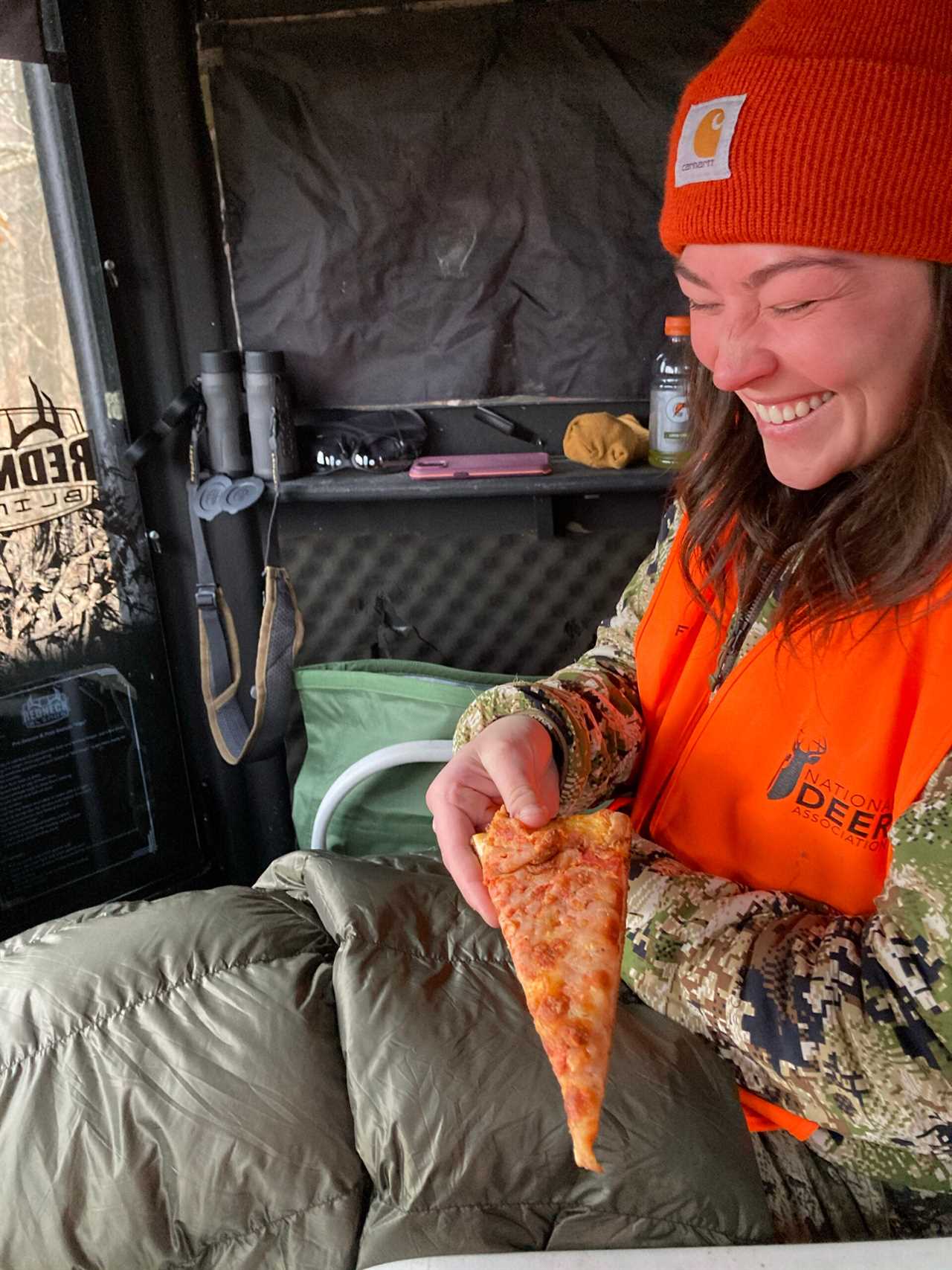 The author offers Gill a slice of pizza in the blind.