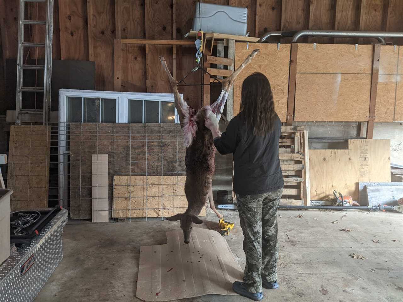 Thess starts skinning her doe.