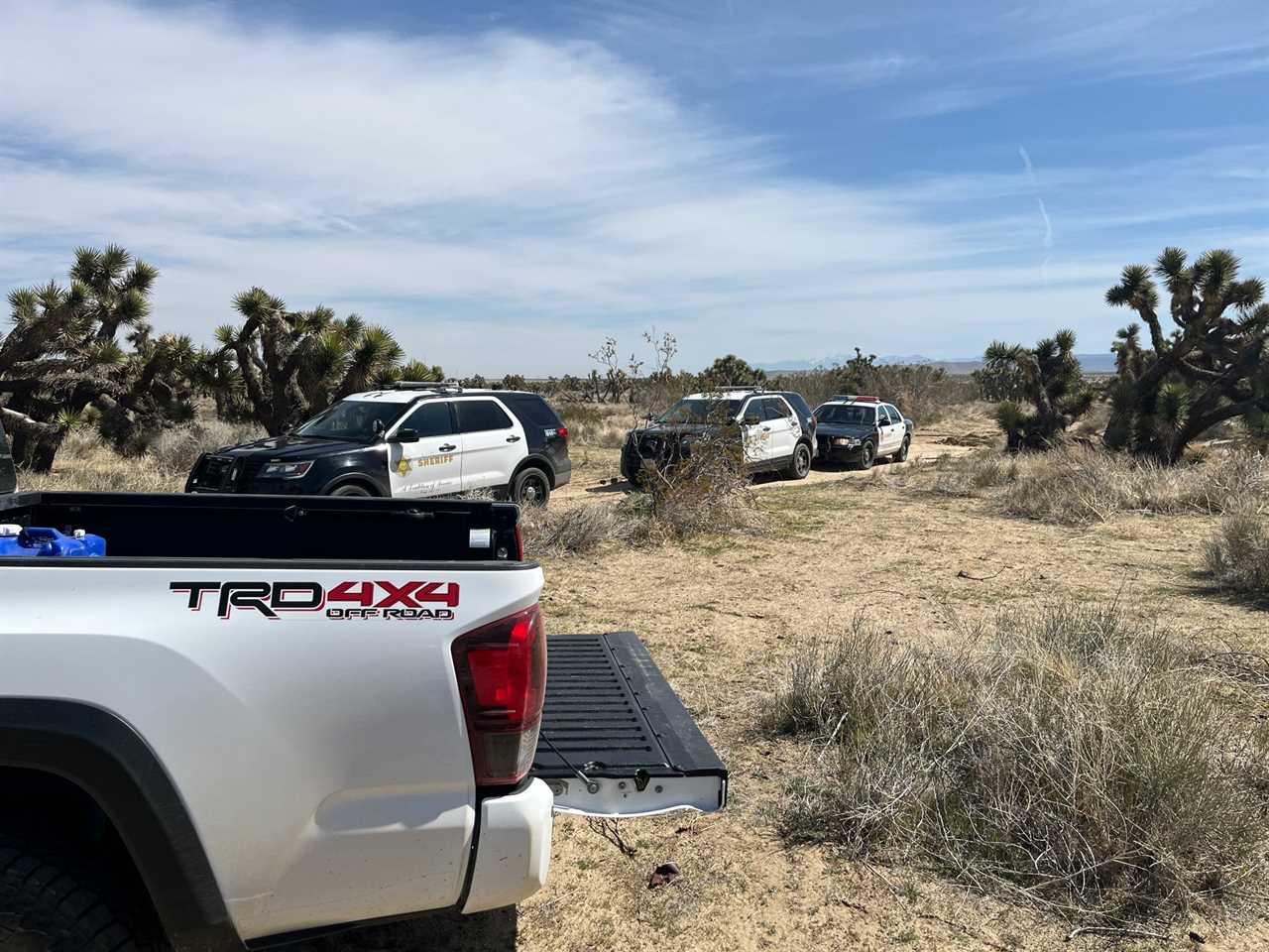 Three police cars by a white pickup in Antelope Valley.