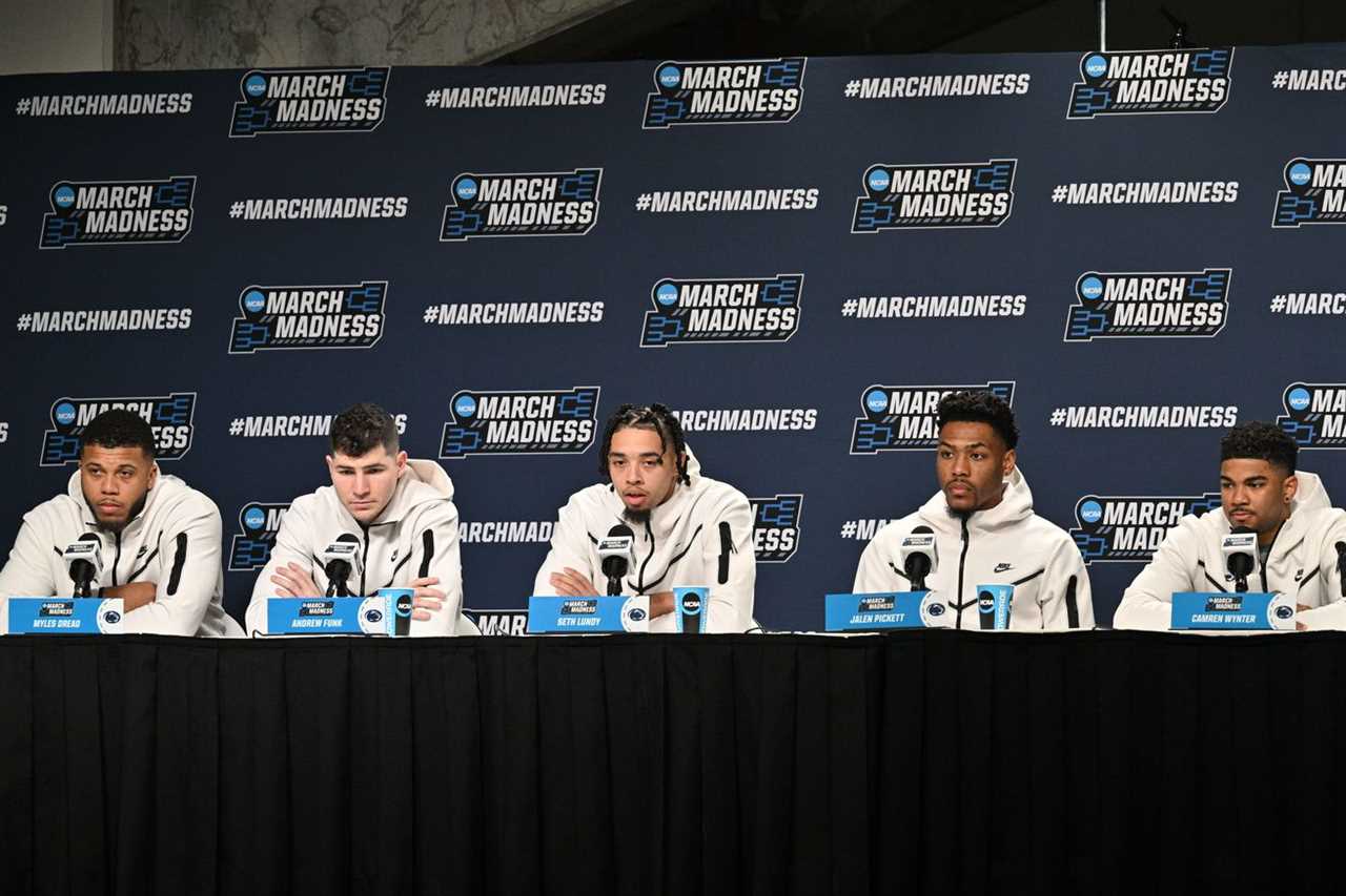 Mar 15, 2023; Des Moines, IA, USA; Penn State Nittany Lions guard Myles Dread (2) and guard Andrew Funk (10) and guard Seth Lundy (1) and guard Jalen Pickett (22) and guard Camren Wynter (11) speak during the press conference before their opening round game of the NCAA tournament in Des Moines at Wells Fargo Arena.