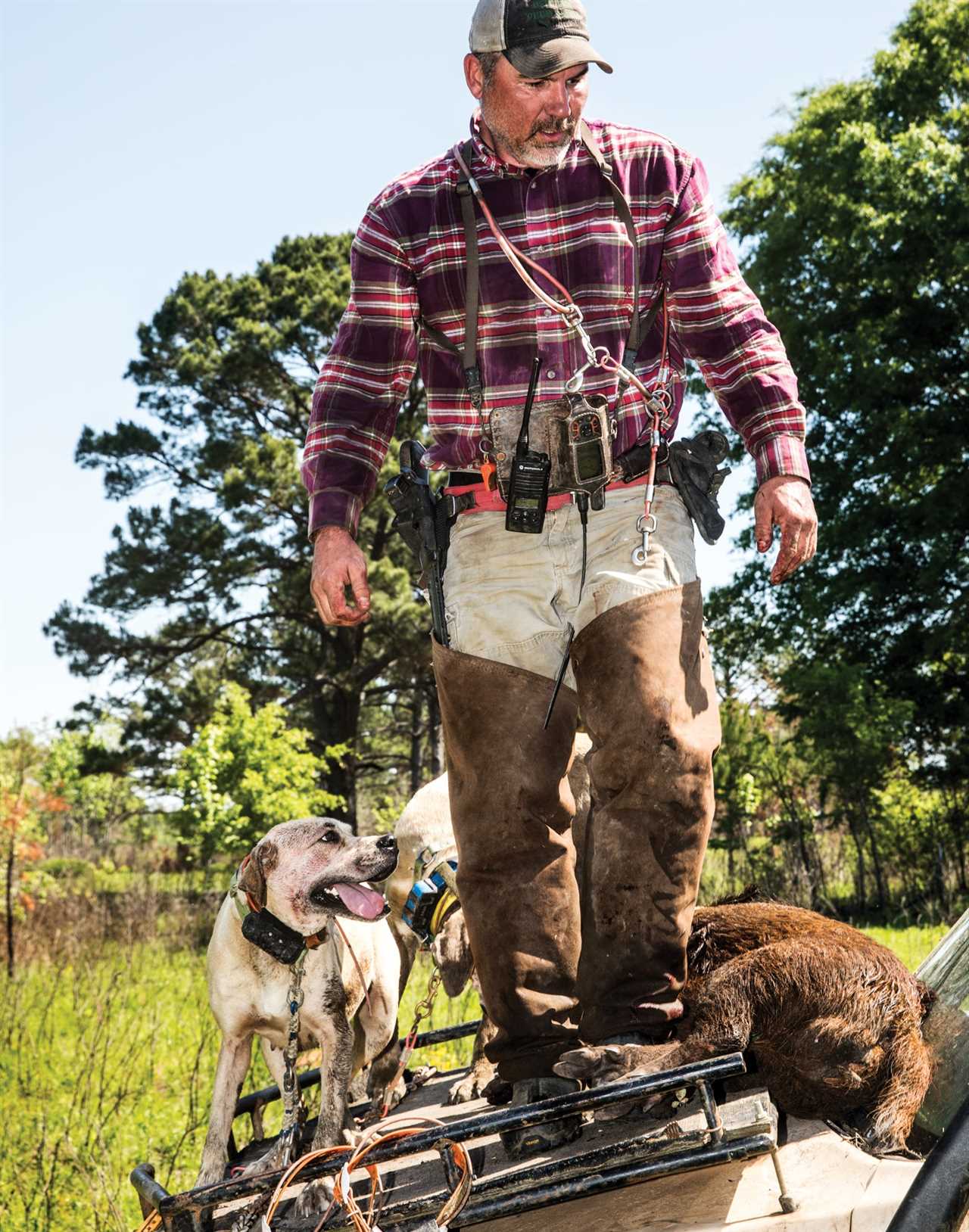 A hog hunter stands beside a dead hog and his dog.