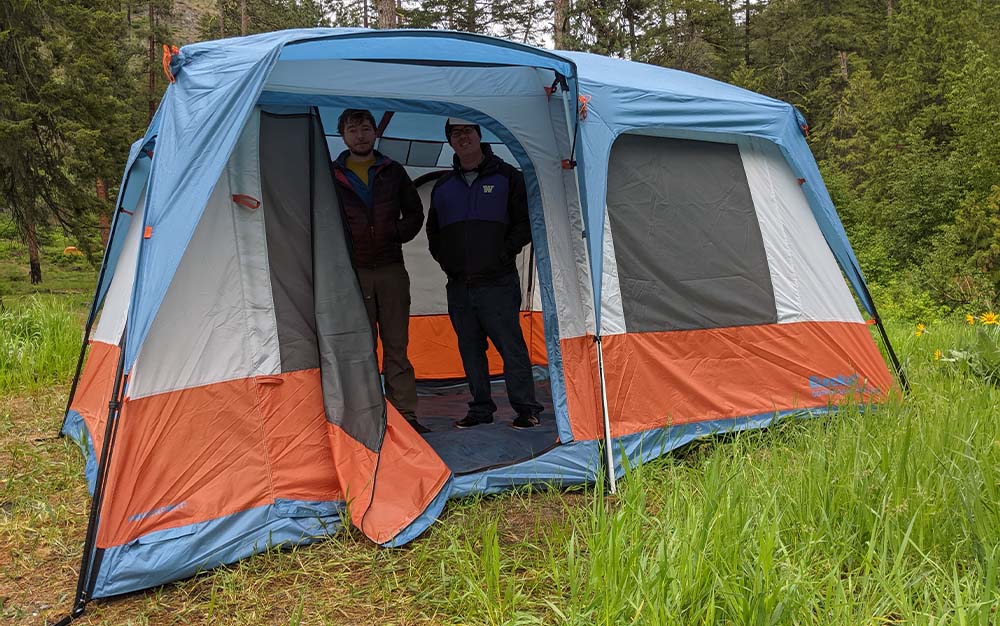 The family of three (plus one dog) who stayed in this tent noted that it was a similar square footage to the 10-person tent they usually used, just layed out in more of a squat rectangle than tents with similar square footage. 