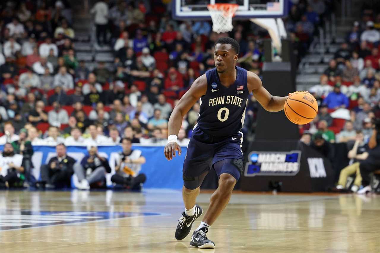 Mar 16, 2023; Des Moines, IA, USA; Penn State Nittany Lions guard Kanye Clary (0) dribbles the ball against the Texas A&amp;amp;M Aggies during the first half at Wells Fargo Arena.