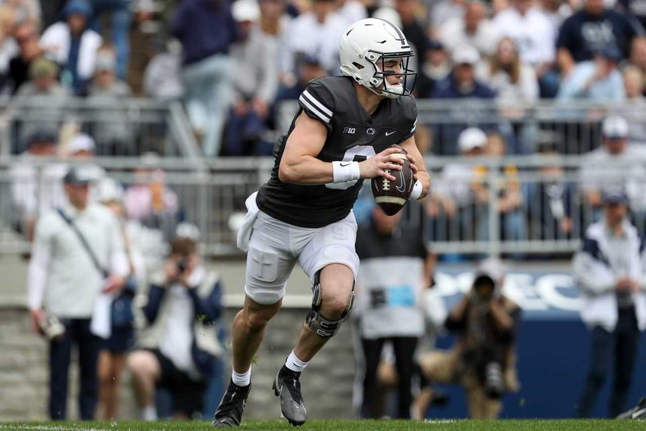 Apr 15, 2023; University Park, PA, USA; Penn State Nittany Lions quarterback Beau Pribula (9) runs with the ball during the first quarter of the Blue White spring game at Beaver Stadium.&nbsp;