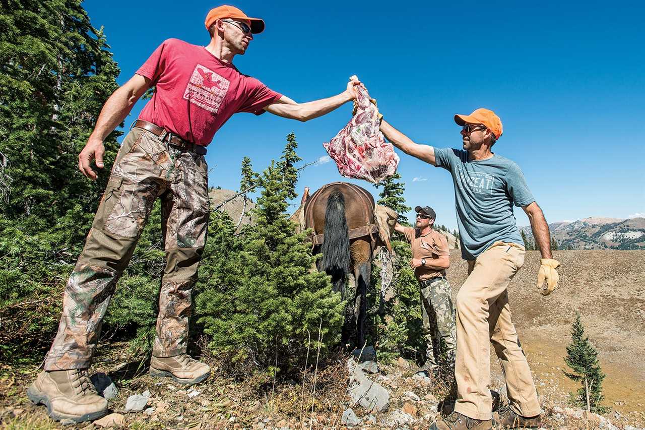 hunters pass quarter of meat from deer