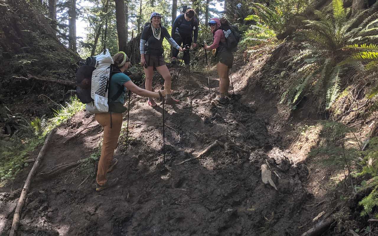 The testing group used the best trekking poles to navigate large, muddy up-hill sections of trail.