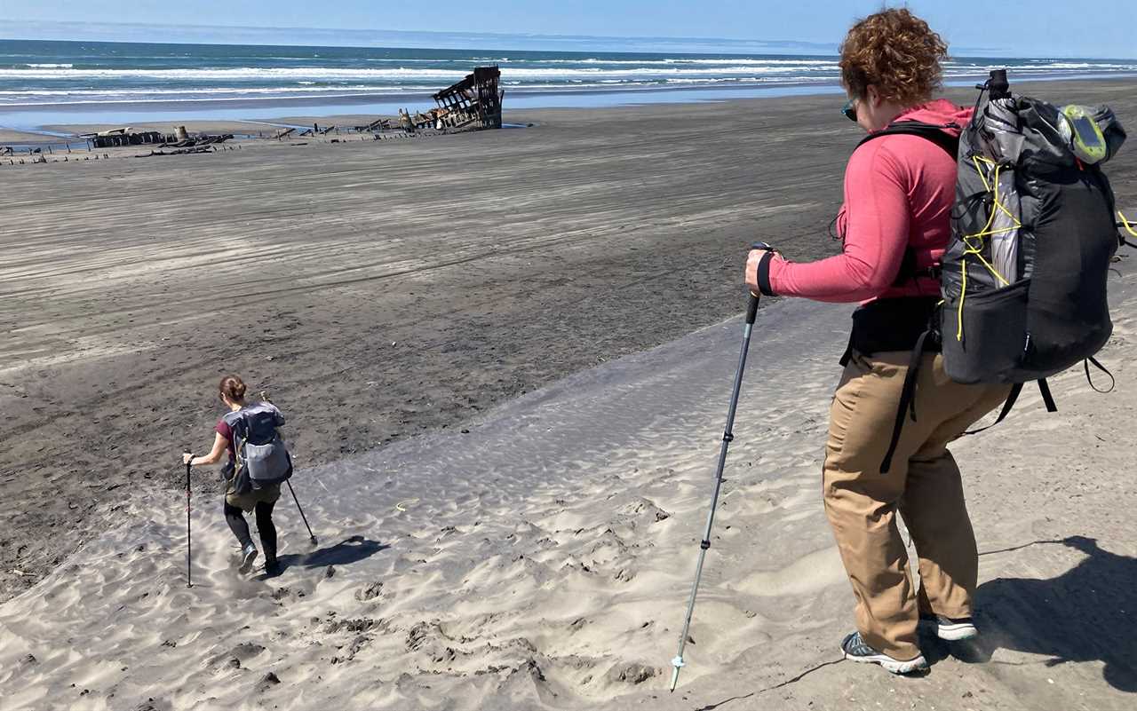 Diana Helmuth descends a sandy hill with the Black Diamond Pursuit Shocks.