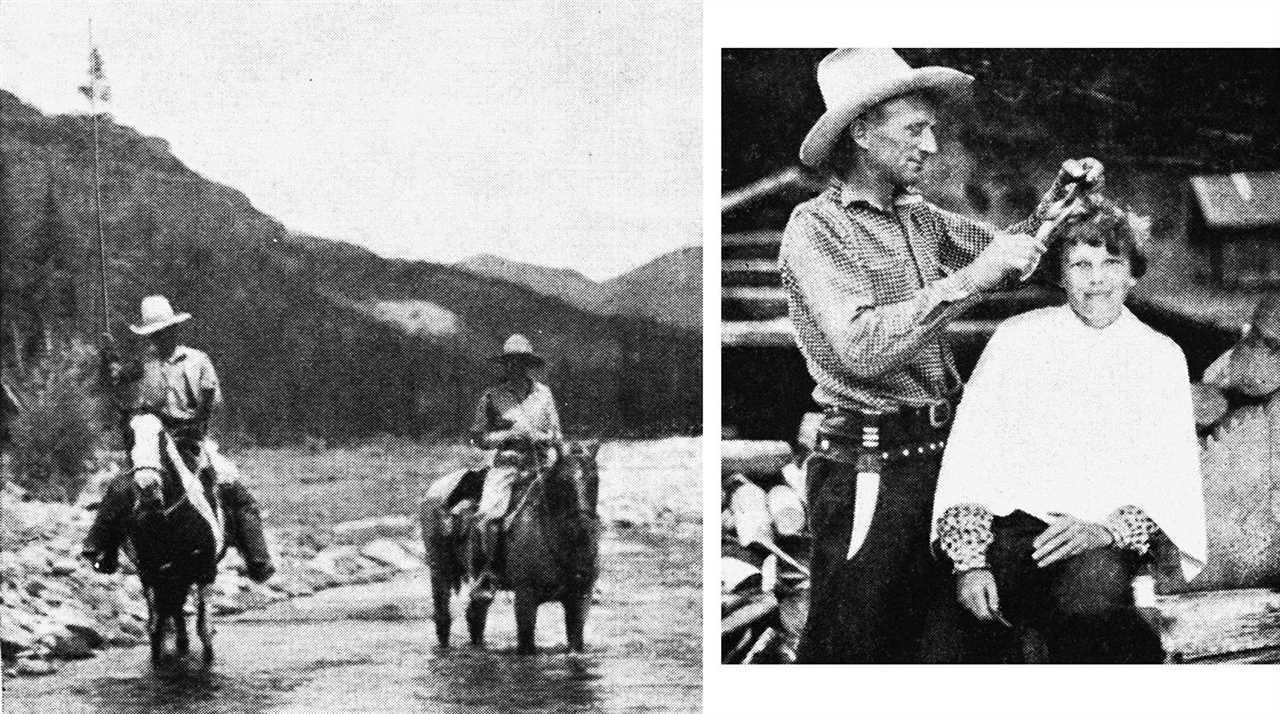 two anglers on horseback, one holding a fly rod; amelia earhart gets a haircut from outfitter