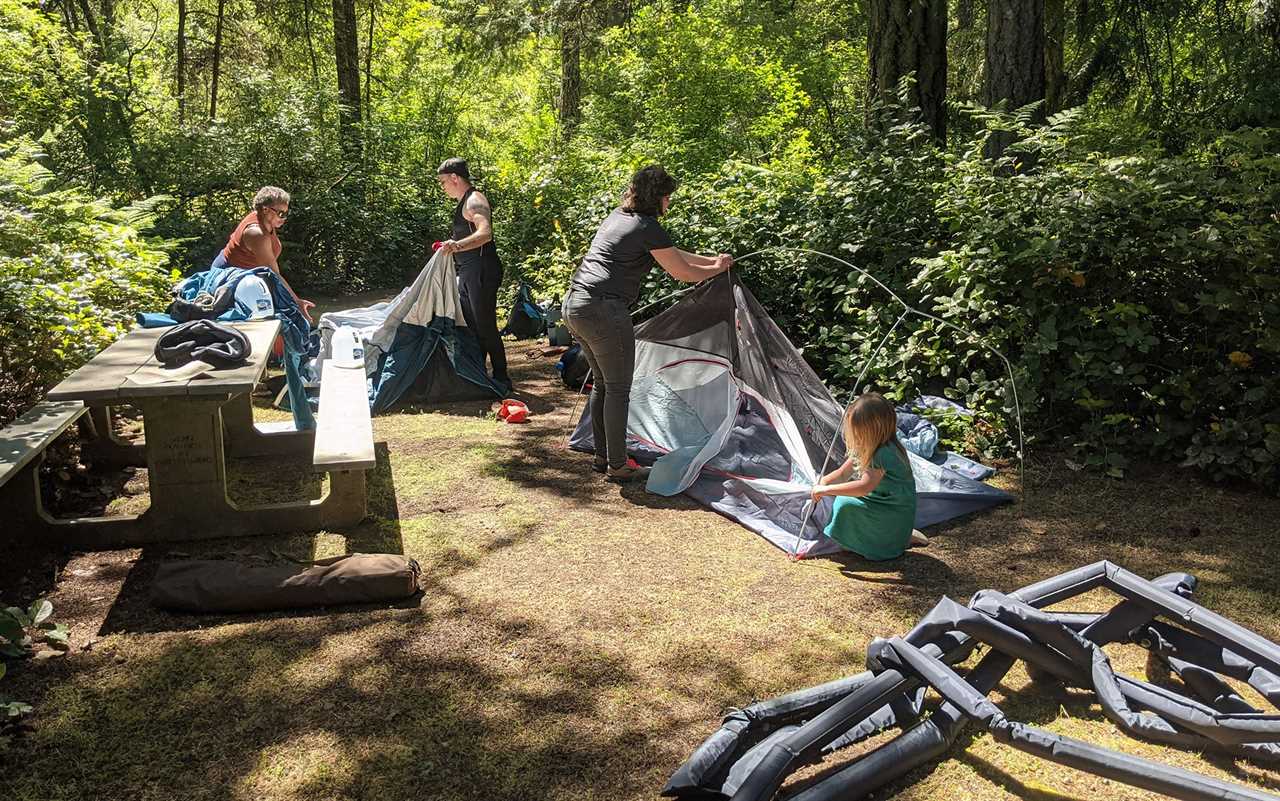 Setting up for our first night of camping at Spencer Spit State Park in the San Juan Islands.