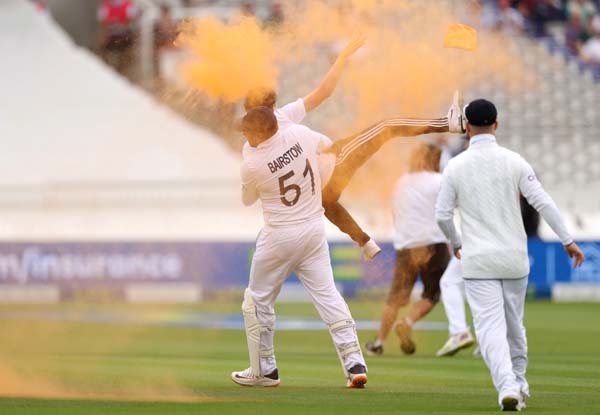 2nd Ashes Test, Day 1: Jonny Bairstow lifts oil protestors outside the ground at Lords as they tried to invade pitch