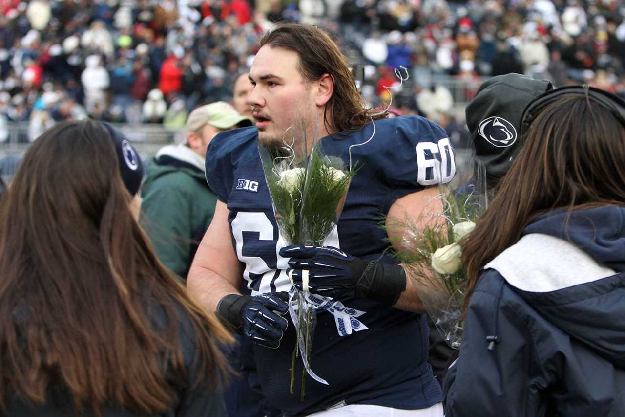 Nov 23, 2013; University Park, PA, USA; Penn State Nittany Lions center Ty Howle (60) during senior day recognition prior to the game against the Nebraska Cornhuskers at Beaver Stadium. Nebraska defeated Penn State 23-20 in overtime.