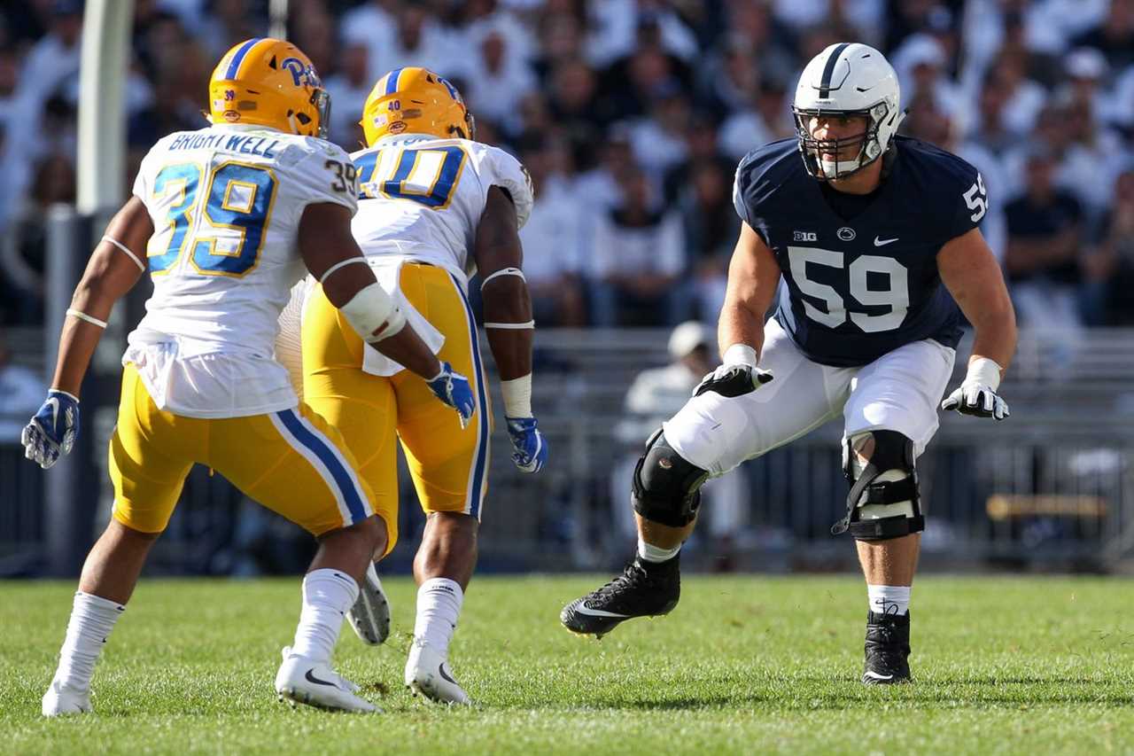 Sep 9, 2017; University Park, PA, USA; Penn State Nittany Lions offensive linesmen Andrew Nelson (59) defends during the second quarter against the Pittsburgh Panthers at Beaver Stadium. Penn State defeated Pitt 33-14.