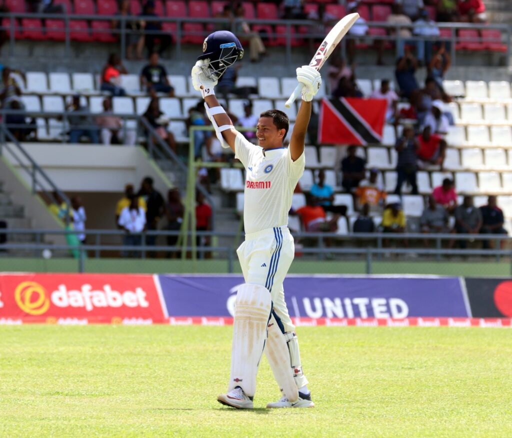 In Pics: What a moment for Yashasvi Jaiswal as he reaches his maiden test ton on debut I WIvsIND