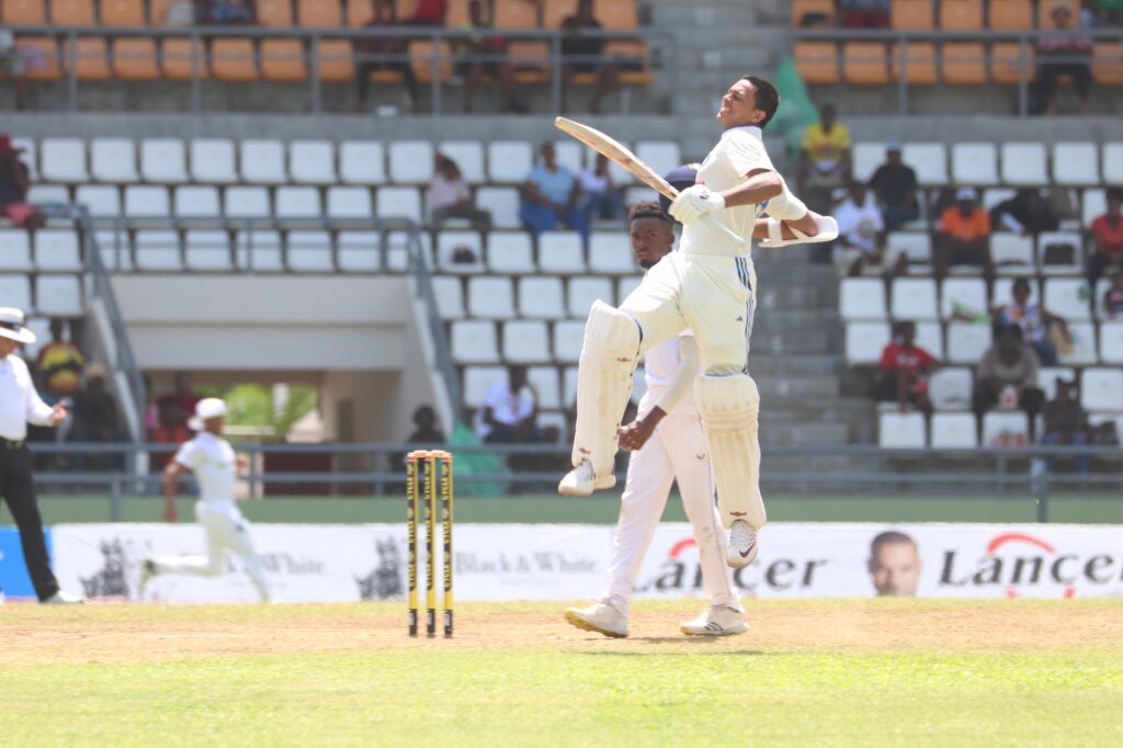In Pics: What a moment for Yashasvi Jaiswal as he reaches his maiden test ton on debut I WIvsIND