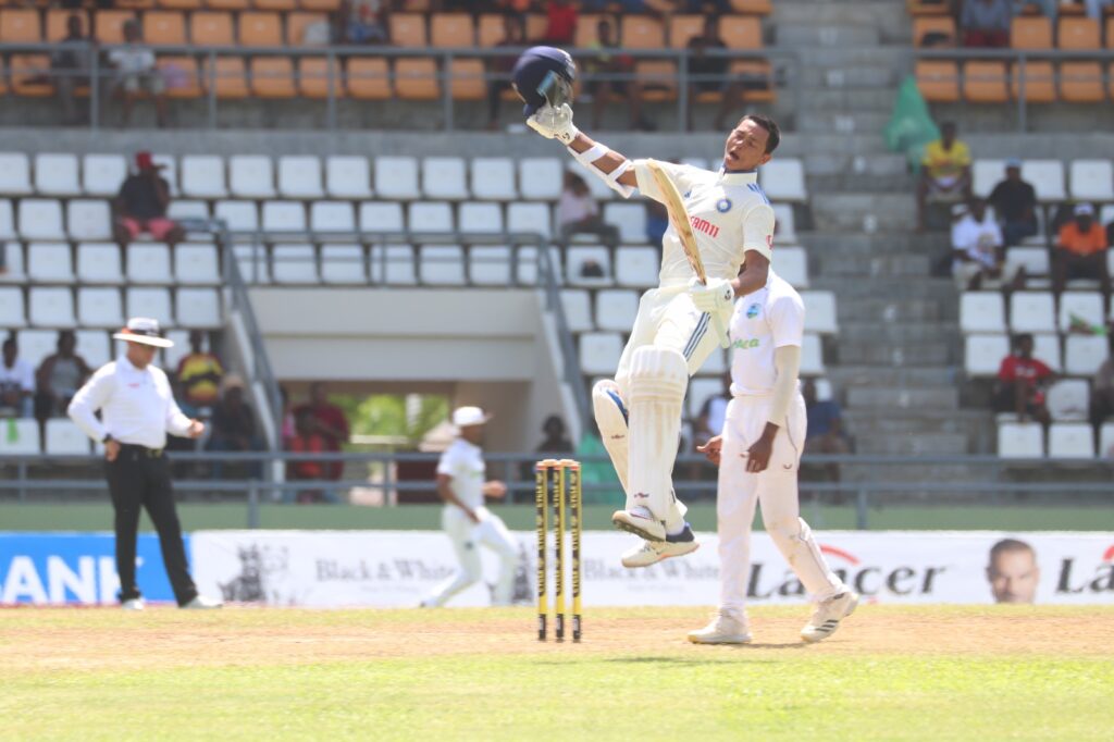 In Pics: What a moment for Yashasvi Jaiswal as he reaches his maiden test ton on debut I WIvsIND