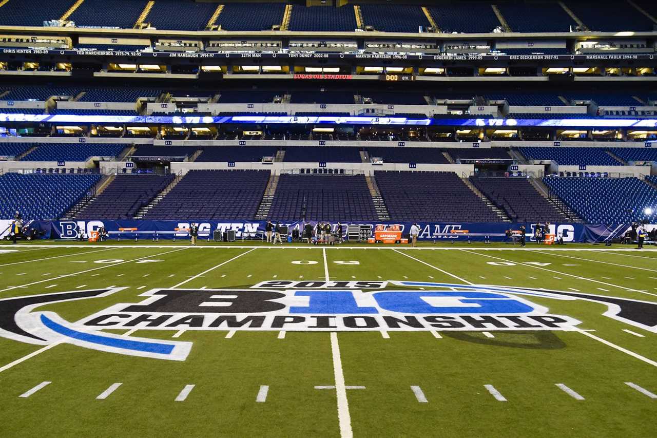 Dec 5, 2015; Indianapolis, IN, USA; General view of the logo on the field prior to the game between the Michigan State Spartans and the Iowa Hawkeyes in the Big Ten Conference football championship at Lucas Oil Stadium.