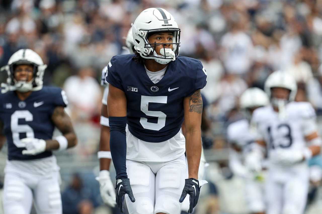 Penn State Nittany Lions wide receiver Omari Evans (5) celebrates after scoring a touchdown during the first quarter of the Blue White spring game at Beaver Stadium. The Blue team defeated the White team 10-0.