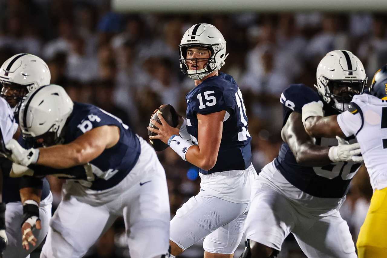 Drew Allar #15 of the Penn State Nittany Lions looks to pass against the West Virginia Mountaineers during the first half at Beaver Stadium on September 2, 2023