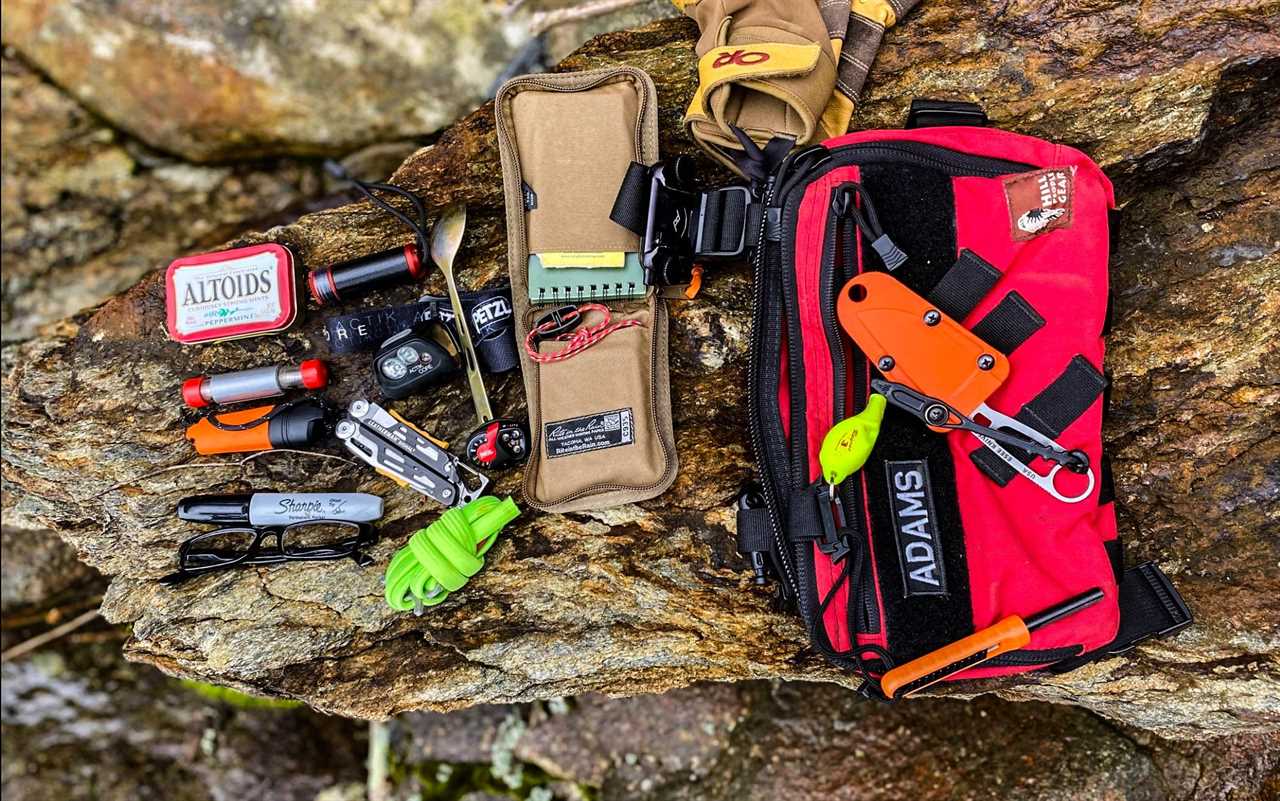 Survival kit laid out on a log.