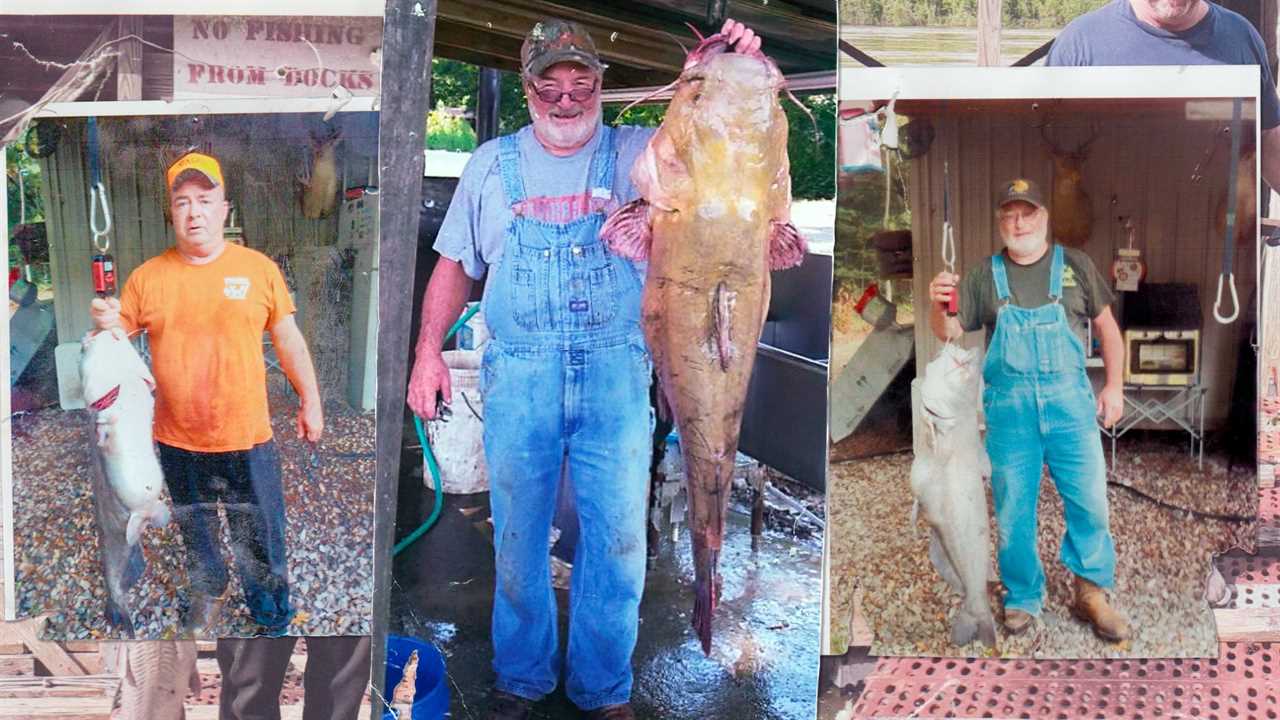 closeup of three snapshots of fisherman with large catfish