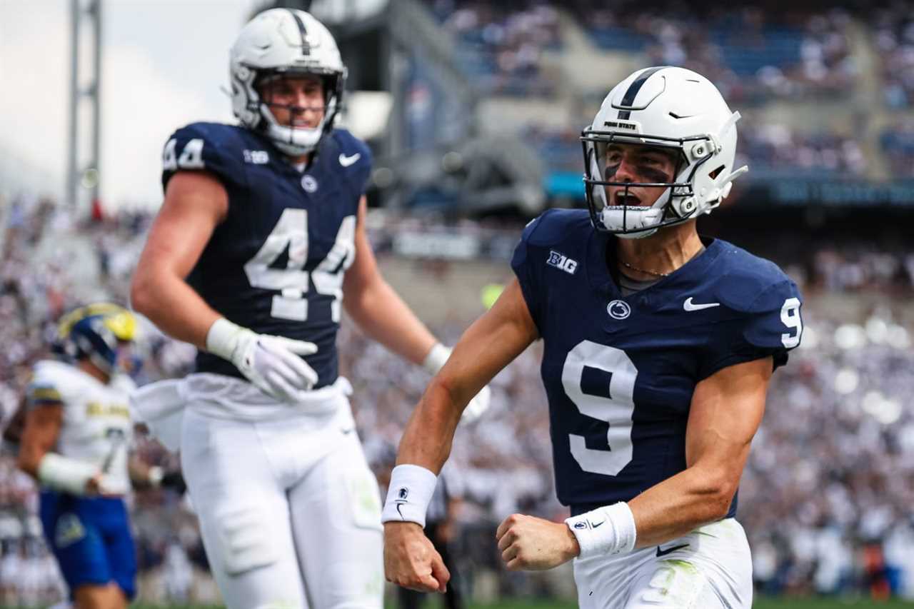 Beau Pribula #9 of the Penn State Nittany Lions celebrates after scoring a touchdown against the Delaware Fightin Blue Hens during the second half at Beaver Stadium