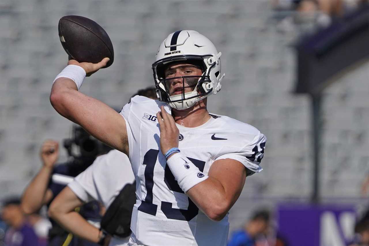 Penn State Nittany Lions quarterback Drew Allar (15) warms up before the game against the Northwestern Wildcats at Ryan Field.