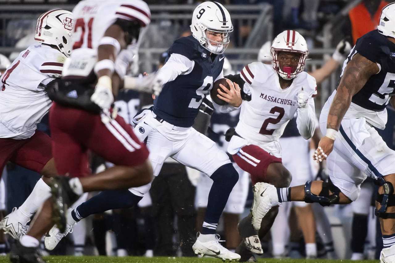 Penn State quarterback Beau Pribula (9) runs with the ball during the second half of a NCAA football game against Massachusetts Saturday, Oct. 14, 2023, in State College, Pa. The Nittany Lions won, 63-0.