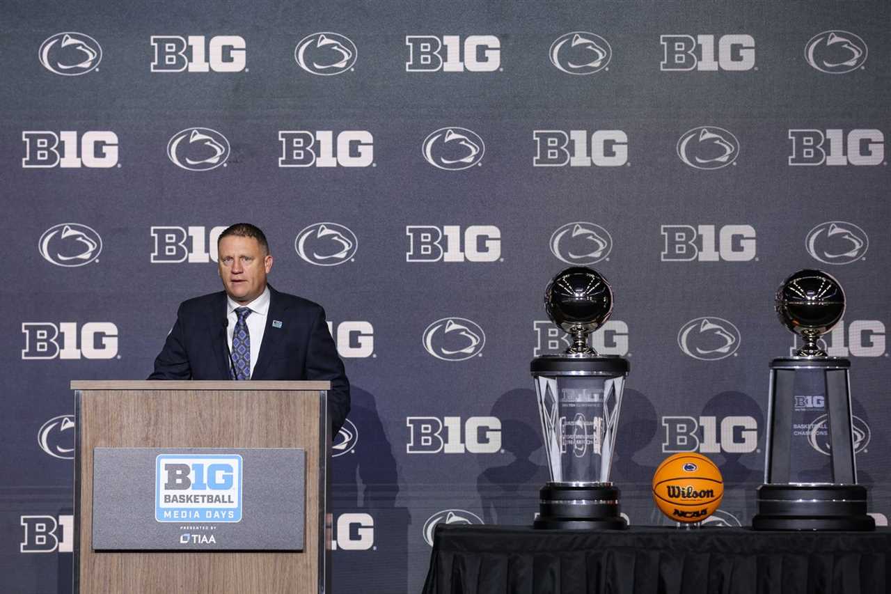 Penn State Nittany Lions head coach Mike Rhoades speaks to the media during the Big Ten basketball media days at Target Center.